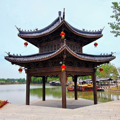 คุณภาพ  3.2m Chinese Style Pavilion Handmade Grey Wooden Gazebo Structure โรงงาน