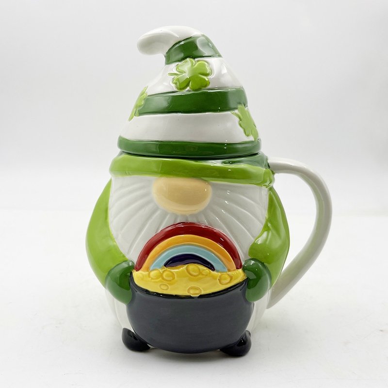 Custom Creative 3d คริสต์มาสต์ กระป๋องเซรามิก ฤดูใบไม้ผลิ Gnome สีเขียวตกแต่งด้วยฝา