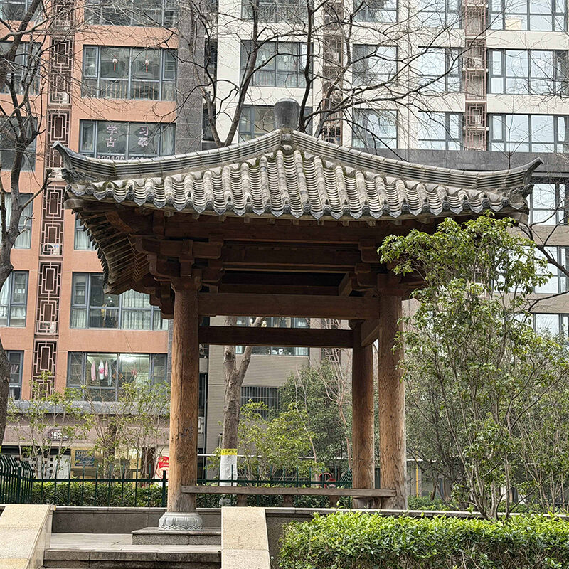High-Pitched Japanese/Chinese Wooden Garden Gazebo Kit Pagoda Pavilion with Fretwork Lattice & Grey Clay Tile Roof for Parks